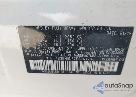 2015 Subaru Legacy 2.5I Limited from USA, damaged, VIN 4S3BNBN67F3061730
